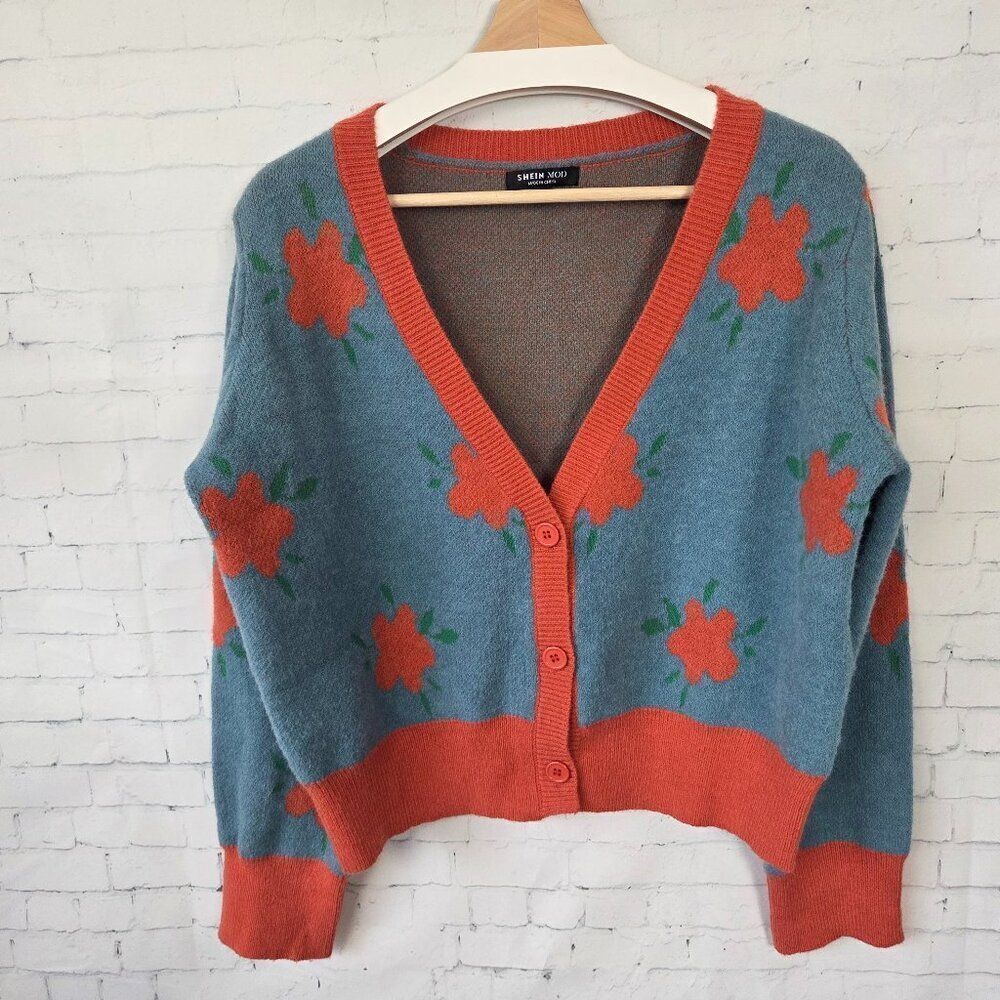 Shein Mod Oversized Cardigan Sweater Size L Blue Orange Floral Retro - Picture 2 of 8